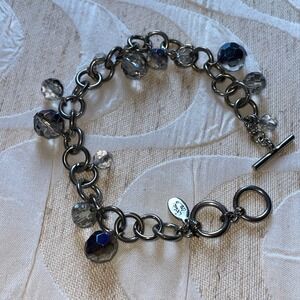 Cookie Lee Charming Silver Tone Charm‎ Bracelet Faceted clear Beads Toggle Clasp